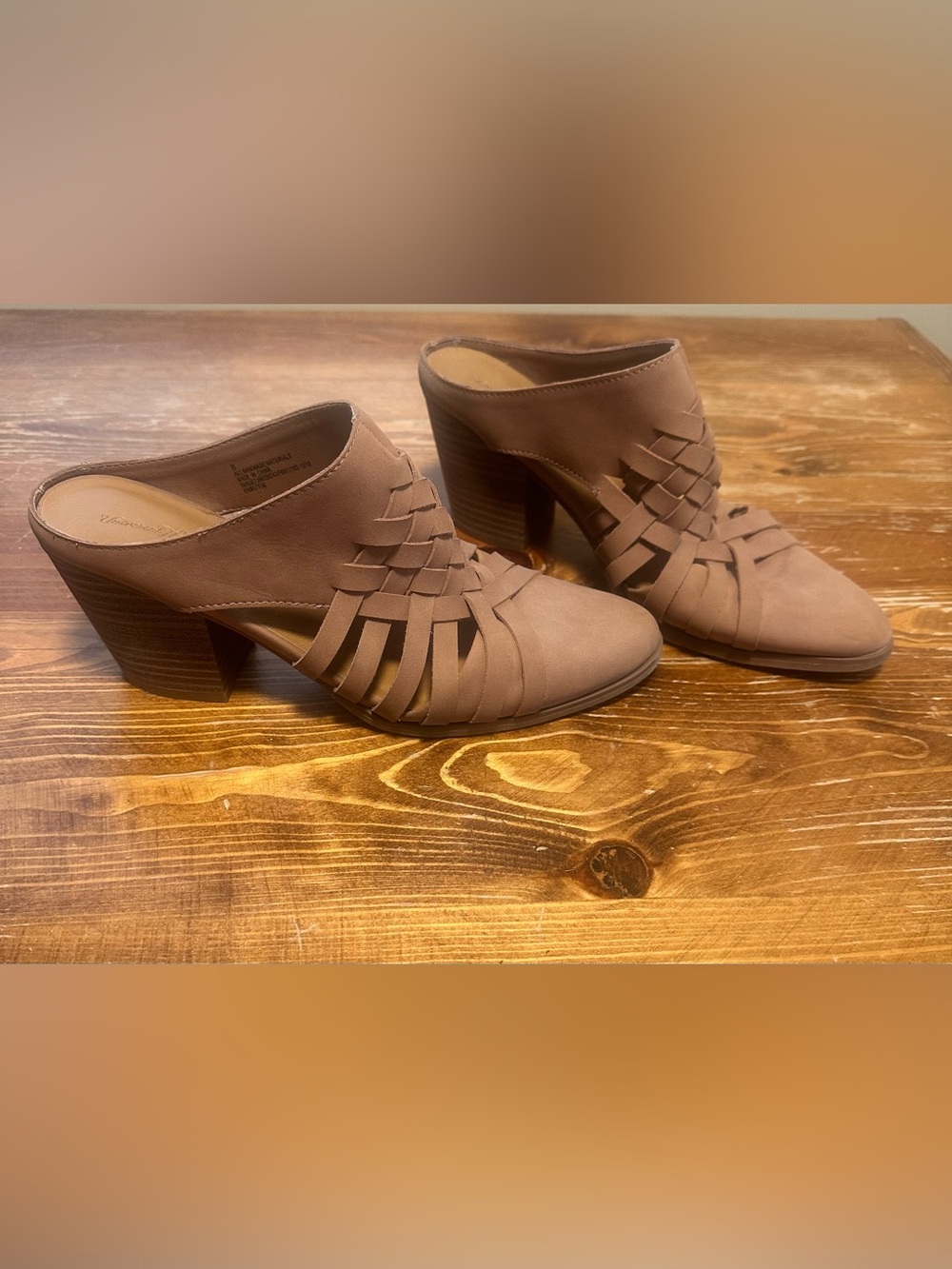 Universal Thread Taupe Woven Leather Mule Heels